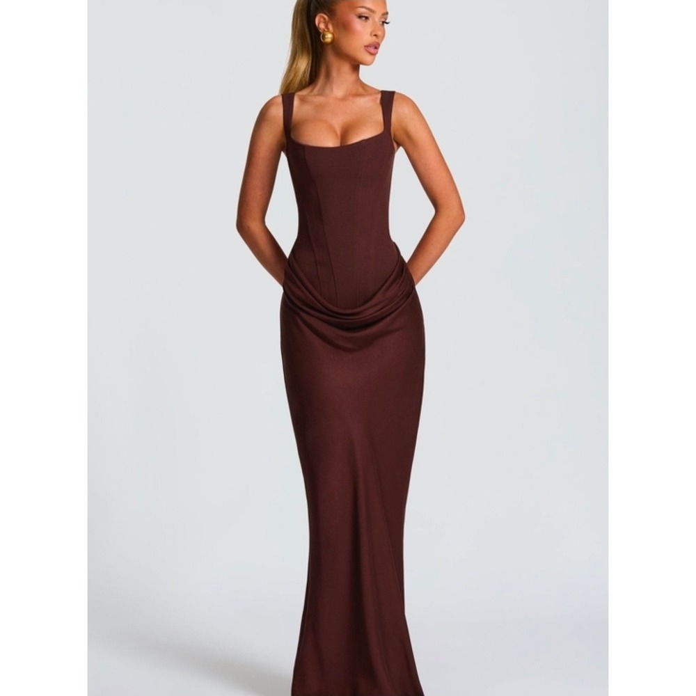 Babyboo Cornelia Chocolate Brown Corset Draped Maxi Dress Lace Up Back Gown